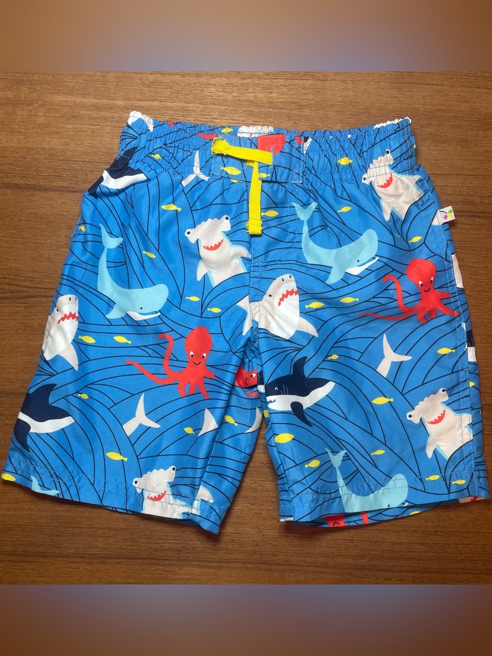 Frugi Boys Blue Ocean Creatures Swim Shorts with Yellow Drawstring
